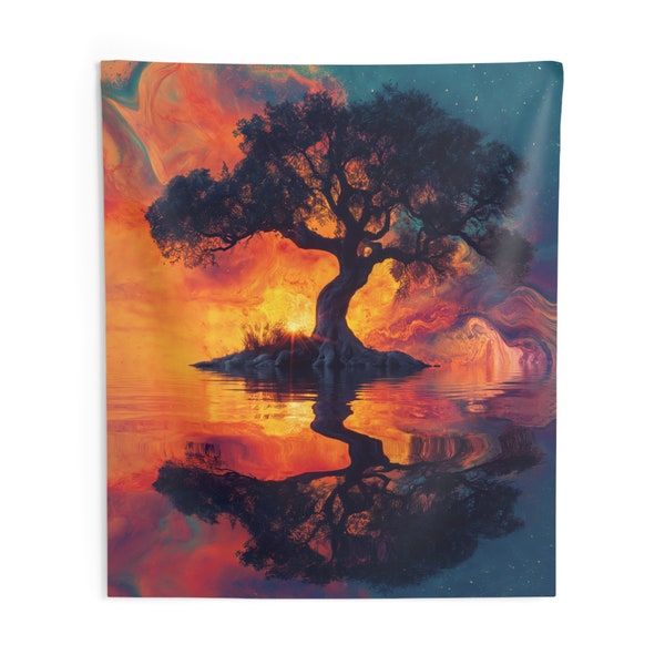 Tree of Dreams - Wall Tapestry Art Daydream Oil Slick Painting Trippy Rainbow Festival Reflection Oak Tree Tie Dye Sunrise Branches Teen