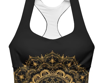 Black & Gold Mandala Sports Bra - Boho Yoga Top