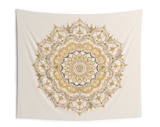 Hanging Tapestry Off-white Tan with Gold Mandala Wall Art Decor Home Decoration Festival Yoga Studio Shade Draping Cloth Beige Teen Bedroom