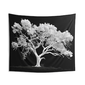 May include: A black and white tapestry featuring a large, detailed tree with branches reaching out against a black background.