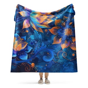 Paisley Plush Sherpa Blanket Extra Soft Blanket For Her Blue and Yellow Lotus Blanket Floral Bedding Blue Blanket Floral Blanket