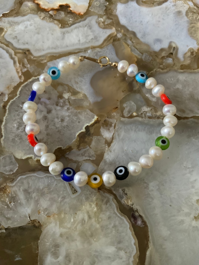 Freshwater Pearls with Colorful Turkish Protection Glass Eyes Necklace and Bracelet Version Available