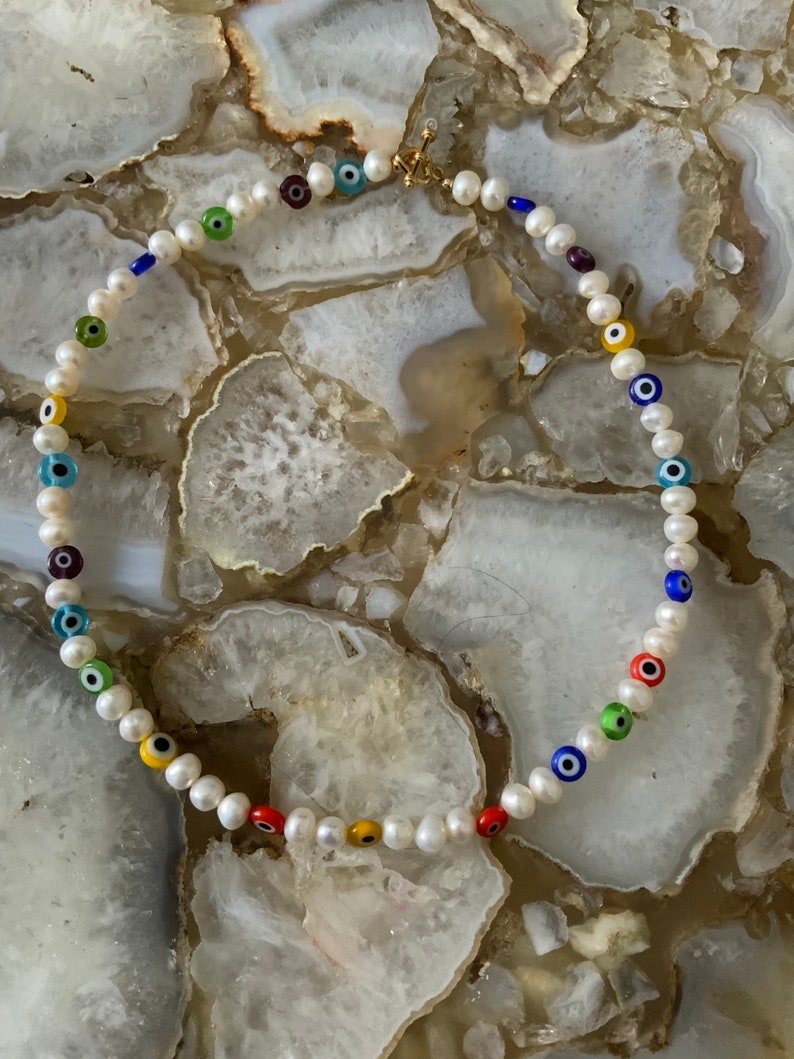 Freshwater Pearls with Colorful Turkish Protection Glass Eyes Necklace and Bracelet Version Available