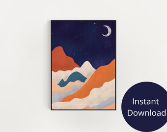 May include: Abstract art print featuring a stylized landscape with mountains in shades of orange, blue, and white against a dark blue night sky with a crescent moon and stars.