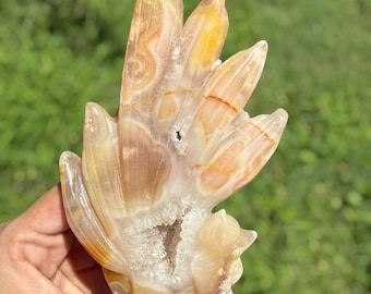 Druzy Flower Agate Nine-Tailed Fox | 9 Tail Fox Crystal Carving | Flower Agate with Druzy