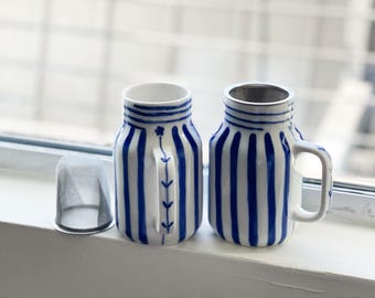 blue flowers ceramic tea mug with handle and strainer, flower vase, home interior
