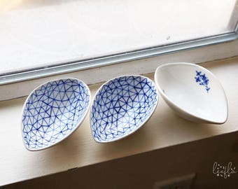 Almond Shaped Jewelry Bowl: Hand-Painted Blue Geometric Pattern
