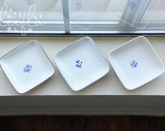 small rounded square plate, blue floral, tapas plate