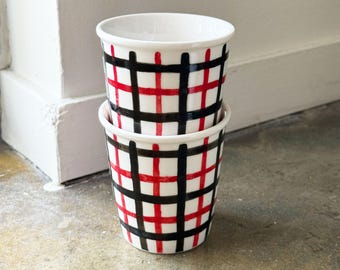Tartan Check Red & Black Hand-Painted Striped Ceramic Mug: Handleless Coffee Cup