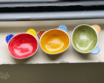 colorful bear ear ceramic mini bowl, gingham check, polka dots, small portion