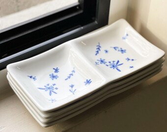 ceramic serving plate, double section divided plate, blue floral, green leaf