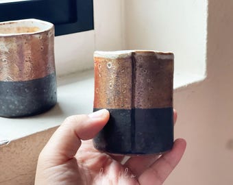 bronze & black handleless espresso mug, tea mug, coffee cup, hand-built, hand-folded