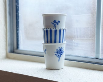 blue stripes ceramic "paper cup" mug, no handle, pencil holder