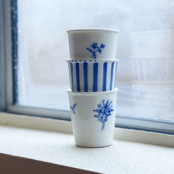 blue stripes ceramic "paper cup" mug, no handle, pencil holder
