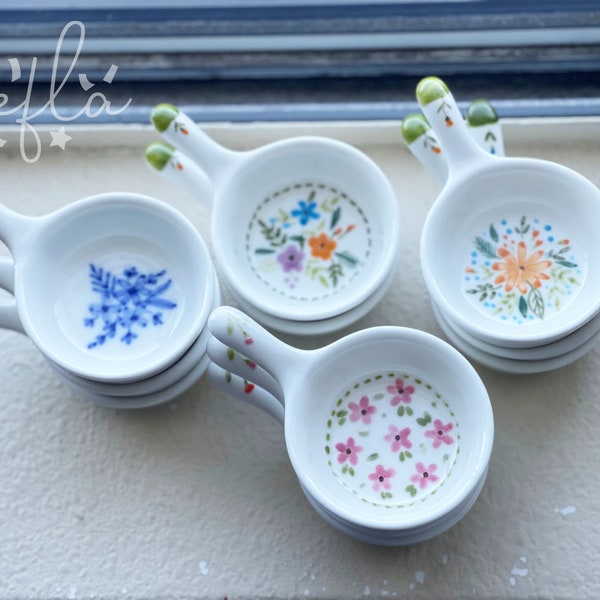 ceramic mini bowl with handle, ring dish, multi-color, ditsy floral pattern