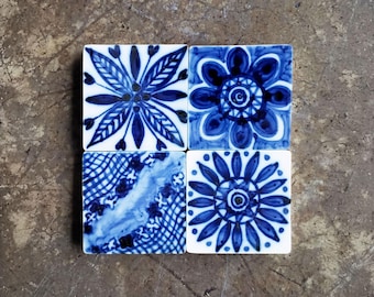 Set of 4 hand-painted ceramic art tiles, blue color, nature-inspired, unique & luxurious home decor