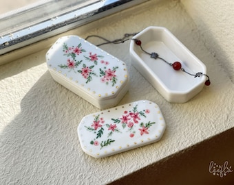 ceramic jewelry box with lid, rose, flowers, botanical, pink & green