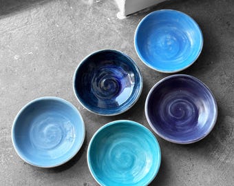Set of 5, Hand-Painted Ceramic Swirl Plates, Blue Tones, Jewelry Dish