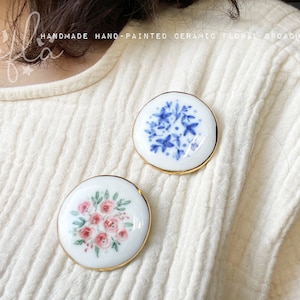 ceramic small brooch, blue flowers, pink & green, real gold accent