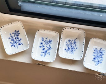blue floral rounded rectangle mini plate, jewelry tray, trinket dish, ring dish, wedding gift