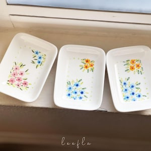 hand-painted rectangular floral mini plate: ceramic ring dish, blue, orange, pink, rounded edges