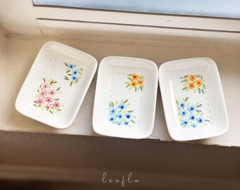 hand-painted rectangular floral mini plate: ceramic ring dish, blue, orange, pink, rounded edges