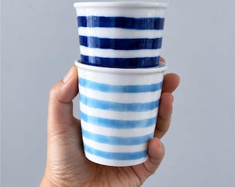 blue horizontal stripes ceramic "paper cup" mug, no handle, pencil holder