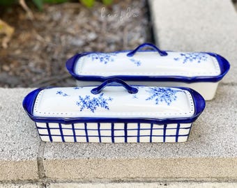 Hand-Painted Ceramic Lidded Box: Blue & Gold Keepsake Container