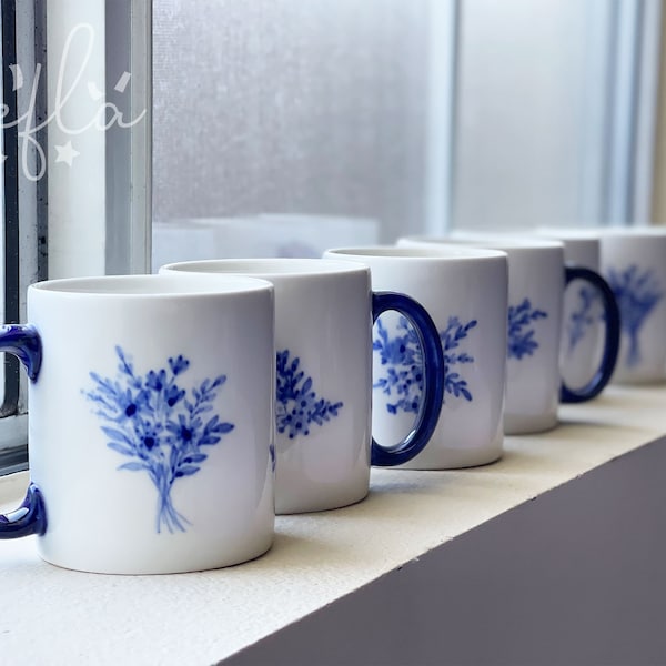 Blue on White Large Coffee Mug with Handle, Hand-painted, Floral Mug, Botanical, Coffee Cup, Everyday Use, Couple Mug, Mug Cups, Morning Cup