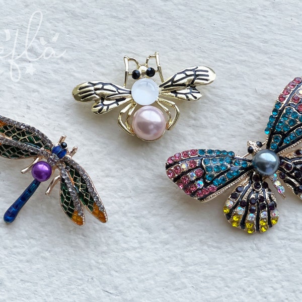 vintage style rhinestone insect pin brooch, bugs, butterfly, bee, dragonfly