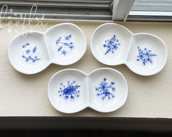 divided ceramic serving plate, sauce bowl, double sectional, blue floral
