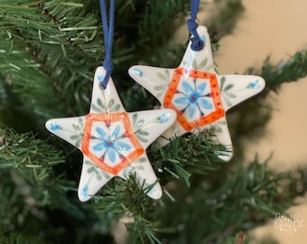 christmas ceramic star ornament, floral illustration, multi-color