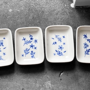 blue floral rounded rectangle mini plate, jewelry tray, trinket dish, ring dish