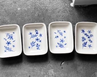 blue floral rounded rectangle mini plate, jewelry tray, trinket dish, ring dish
