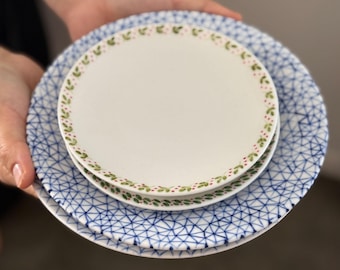 hand-painted spring green, blue geometrical Plate: small personal dinner plate