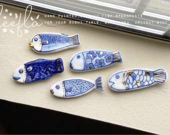 ceramic fish spoon rest, blue & gold, tangible size, chopsticks rest