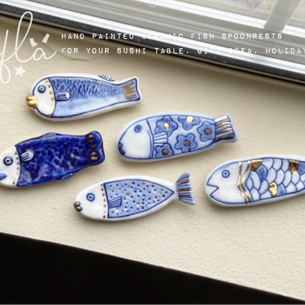 ceramic fish spoon rest, blue & gold, tangible size, chopsticks rest