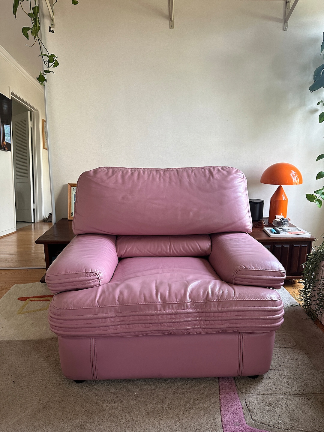 Vintage Pink Leather Chair Space Age Art Deco Mid Century 80s Italian ...