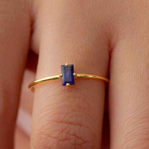 14k 18k 10k Gold Natural Blue Sapphire Baguette Solitaire Ring, September Birthstone Ring, Sapphire Gemstone Jewelry