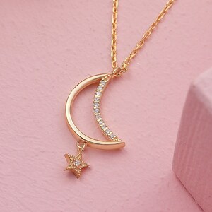 14k 18k Gold CZ Moon and Star Charm Necklace, Birthday and Christmas Gift for Her, Minimalist Celestial Necklace for Women, Moon Jewelry