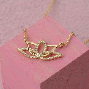 Dainty Gold CZ Lotus Flower Necklace, 14k 18k 10k Solid Gold Minimalist Necklace, Lotus Flower Jewelry, Bridesmaid Gift for Her