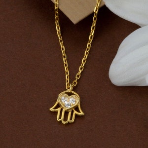 Tiny Gold CZ Hamsa Hand Protection Necklace, 10k 14k 18k Gold Evil Eye Necklace, Dainty Gold Hand of Fatima Necklace, Hamsa Jewelry