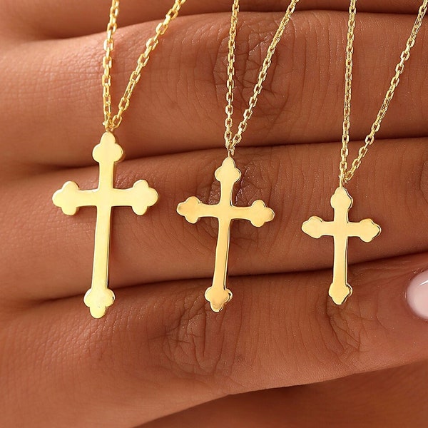 Budded Orthodox Cross Necklace Pendant for Women, 10k 14k 18k Solid Gold Religious Necklace, Christian Baptism Gift, Religious Teacher Gift