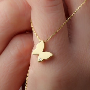 Tiny Gold Butterfly Necklace, Minimalist Gold Charm Pendant, Dainty 14k 18k Solid Gold CZ Butterfly Necklace, Minimalist Birthday Gift