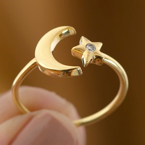 Crescent Moon Star Ring, 10k 14k 18k Gold CZ Ring, Dainty Moon Star Stacking Ring, Celestial Stackable Ring Great Birthday Gift for Her
