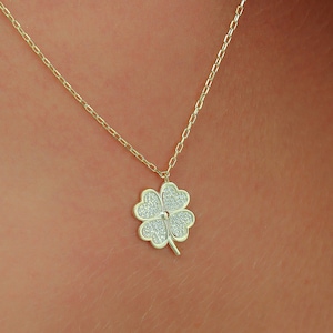 Gold CZ Four Leaf Clover Shamrock Necklace, Delicate Lucky Flower Charm Necklace, Clover Nature Jewelry