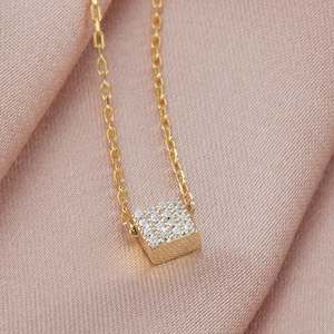 10k 14k 18k Solid Gold Diamond Square Necklace , Dainty Gold Minimalist ...