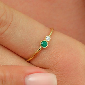 10k 14k 18k Gold Emerald Diamond May Birthstone Ring, Minimalist Gemstone Statement Ring, Special Anniversary Gift for Wife, Emerald Jewelry image 2