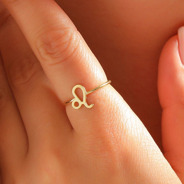 14k 18k 10k Solid Gold Leo Zodiac Sign Ring, Dainty Astrology Sign Stackable Ring, Zodiac Jewelry Gift