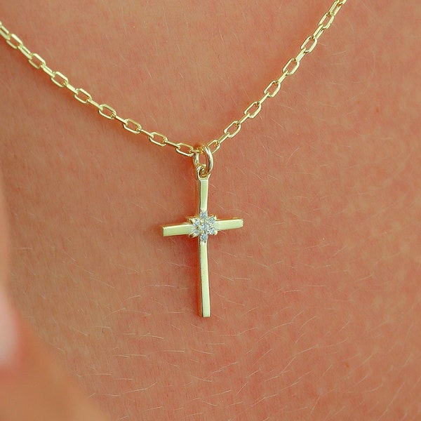 14k 18k Gold Diamond Religious Cross Necklace, Christian Cross Protection Necklace, Baptism Communion Gift for Her, Christian Jewelry